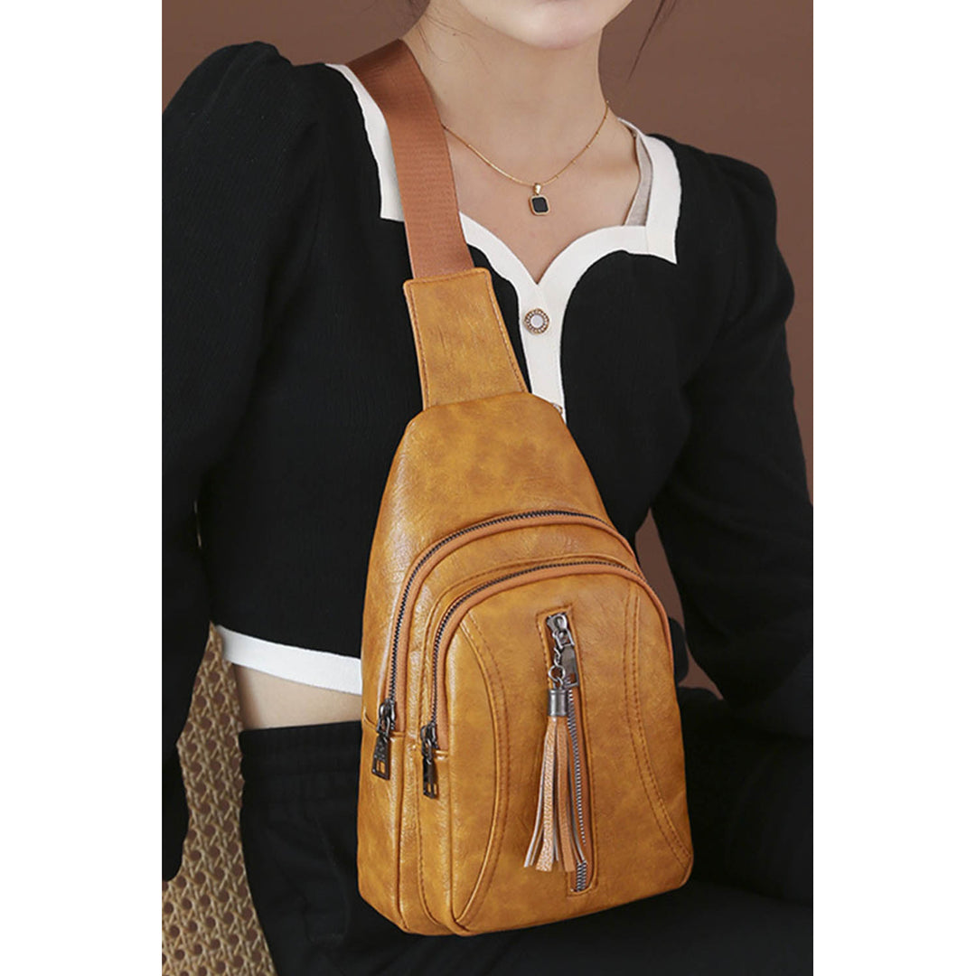 Womens Khaki Vintage Multi Pocket Tassel Zipper Sling Bag Image 9