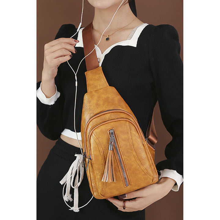 Womens Khaki Vintage Multi Pocket Tassel Zipper Sling Bag Image 10