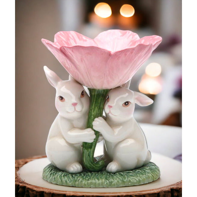 Ceramic Easter Bunny Rabbits with Pink Flower Candle HolderKitchen DcorSpring DcorEaster Dcor Image 2