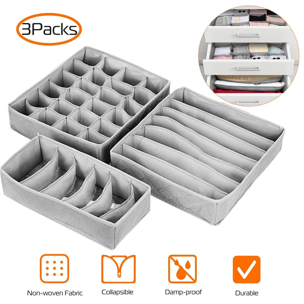 3 Pack Sock Organizer Box Foldable Damp Proof Storage Drawers Multi-cells Underwear Tie Container Image 2