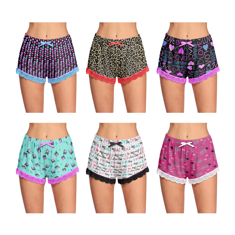 6-Pack Womens Casual Pajama Shorts Stretchy Laced Hem Relaxed Fit Yoga Printed Ladies Bottom Image 1