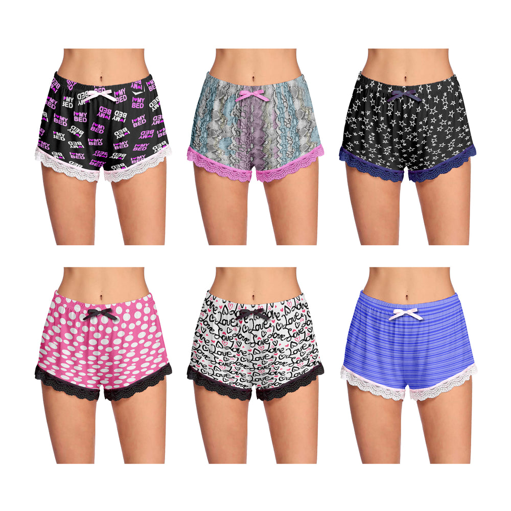 6-Pack Womens Casual Pajama Shorts Stretchy Laced Hem Relaxed Fit Yoga Printed Ladies Bottom Image 2