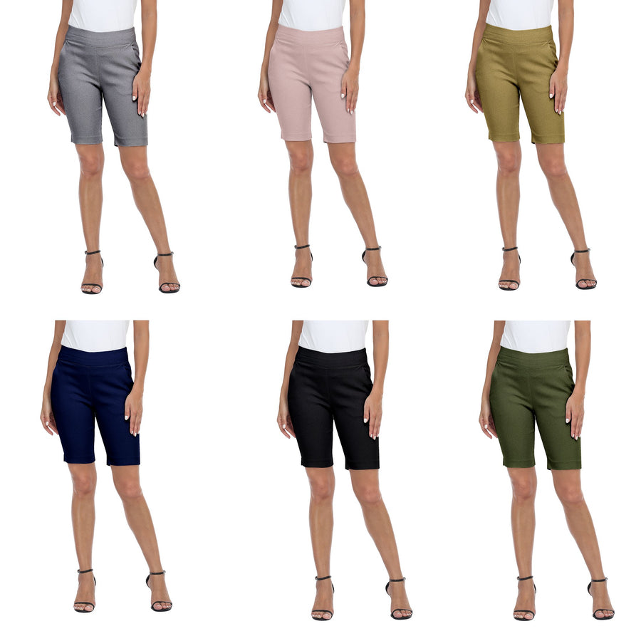 2-Pack Womens Basic Mid Thigh High Rise Biker Bermuda Shorts Solid Slim-Fit Skinny Ladies Pants Image 1