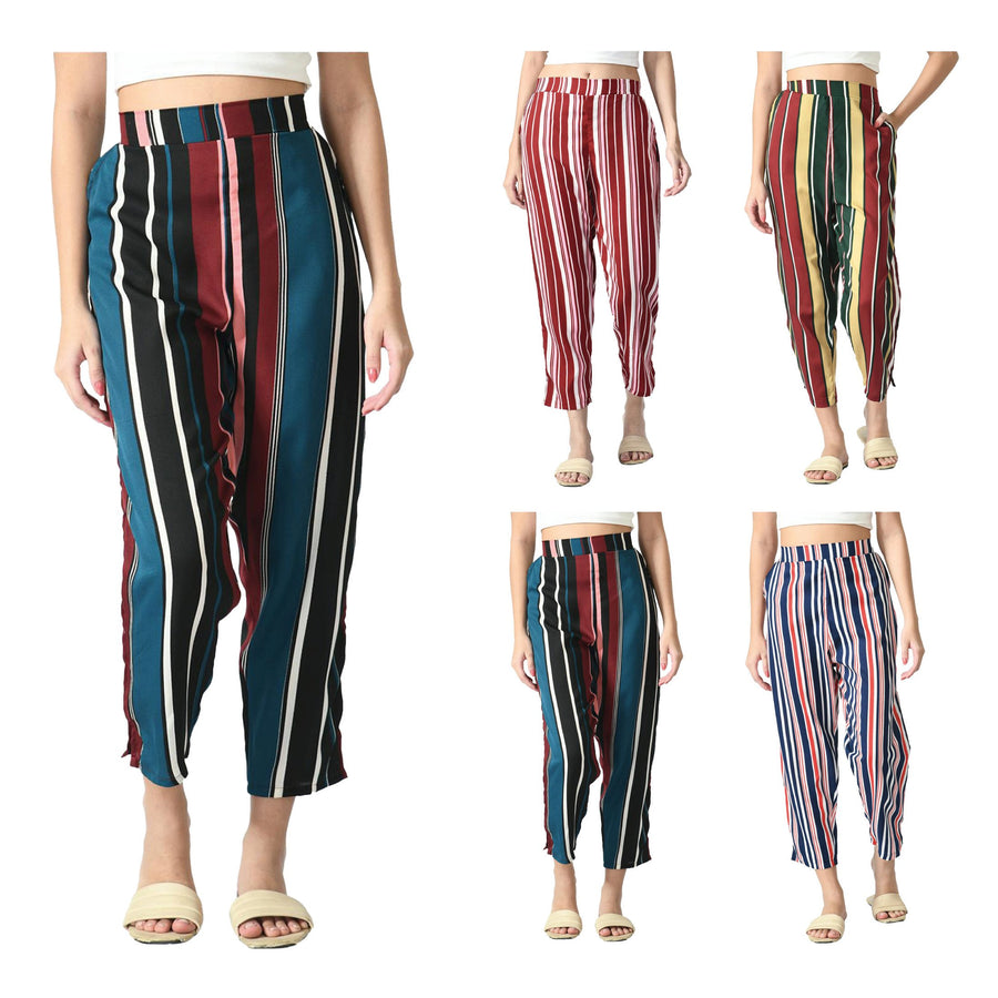 3-Pack Womens Cotton Palazzo Pants Striped Print Soft and Comfortable Western Style Regular Fit Ladies Trouser Image 1