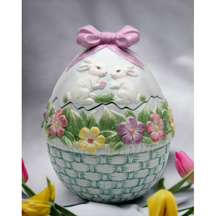 Ceramic Egg Shaped Cookie Jar with Bunny Rabbits and FlowersKitchen DcorSpring DcorEaster Dcor Image 1
