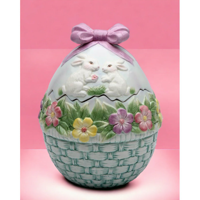 Ceramic Egg Shaped Cookie Jar with Bunny Rabbits and FlowersKitchen DcorSpring DcorEaster Dcor Image 2