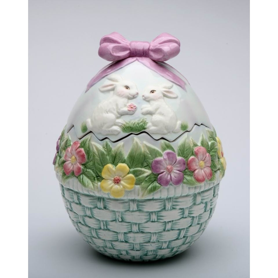 Ceramic Egg Shaped Cookie Jar with Bunny Rabbits and FlowersKitchen DcorSpring DcorEaster Dcor Image 3