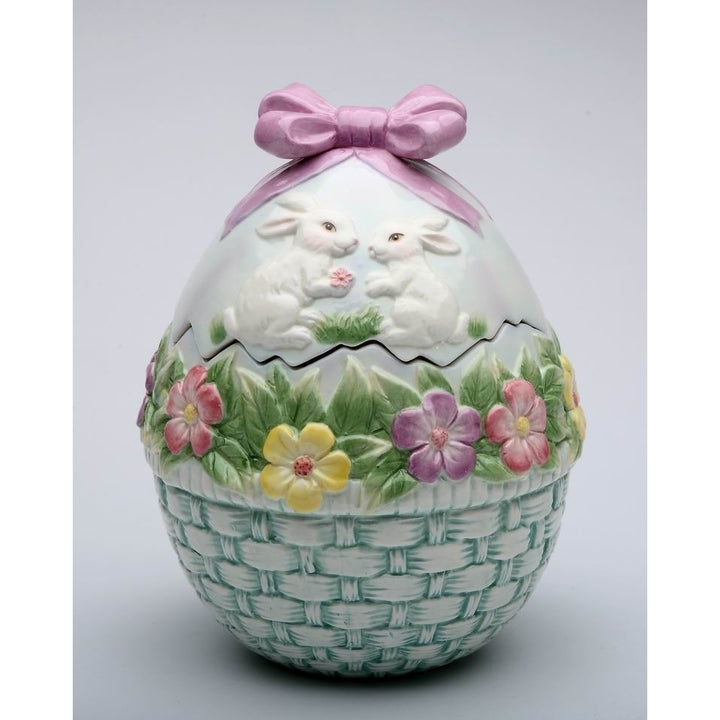 Ceramic Egg Shaped Cookie Jar with Bunny Rabbits and FlowersKitchen DcorSpring DcorEaster Dcor Image 3