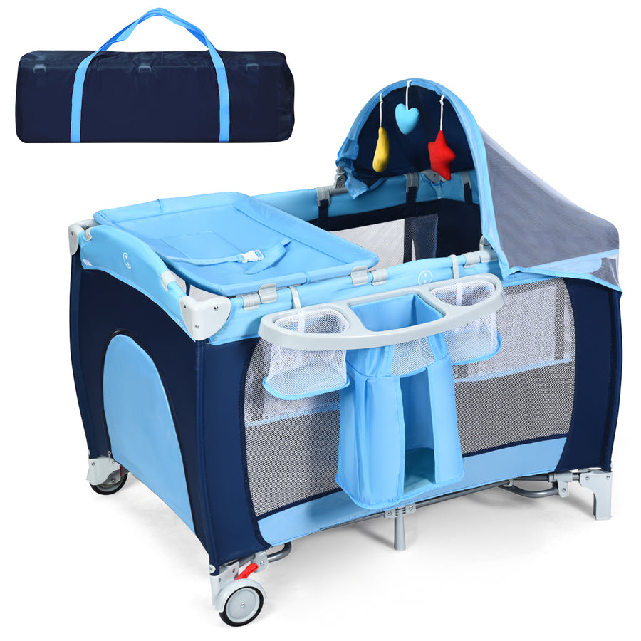 Foldable Baby Crib Playpen Travel Infant Flat Bassinet Bed Mosquito Net Music w Bag Image 1