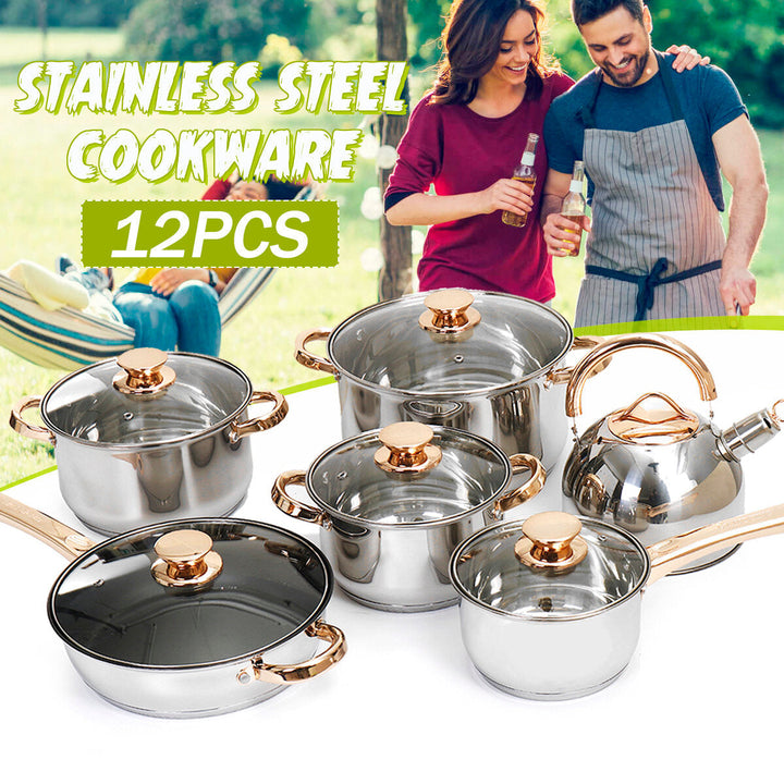 12PCS/Set Stainless Steel Cookware Pots Non Stick Frying Pan Kitchen Gas Induction Cooker Image 6