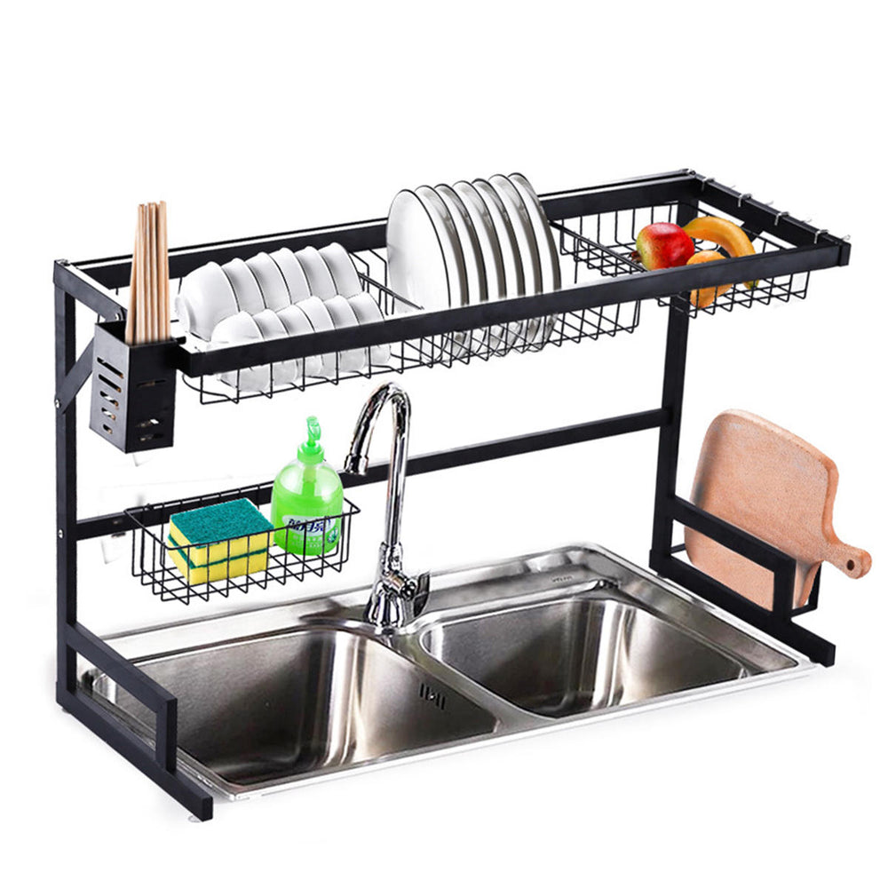 2 Tier Dish Drainer Over Double Sink Drying Rack Draining Tray Fruit Plate Bowl Kitchen Storage Rack Image 2