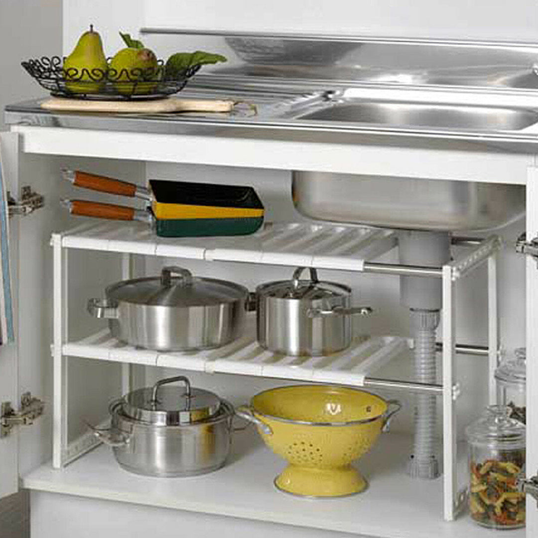 2 Tier Under Sink Expandable Cabinet Shelf Organizer Kitchen Storage Rack Image 4