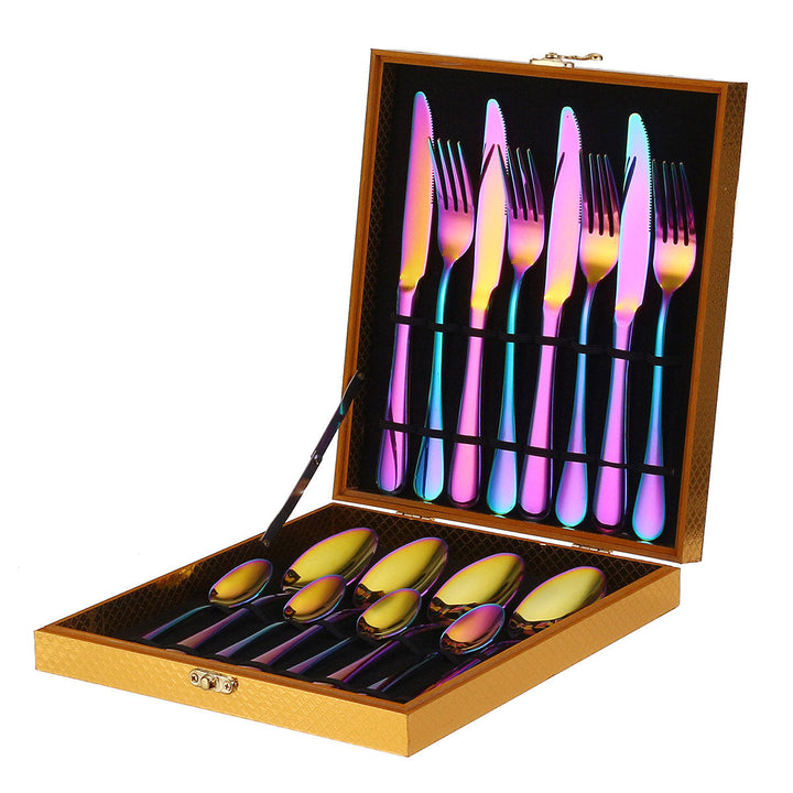 16PCS Cutlery Set Stainless Steel Rainbow Fork Spoon Kitchen Dinnerware Sets With Storage Box Image 9