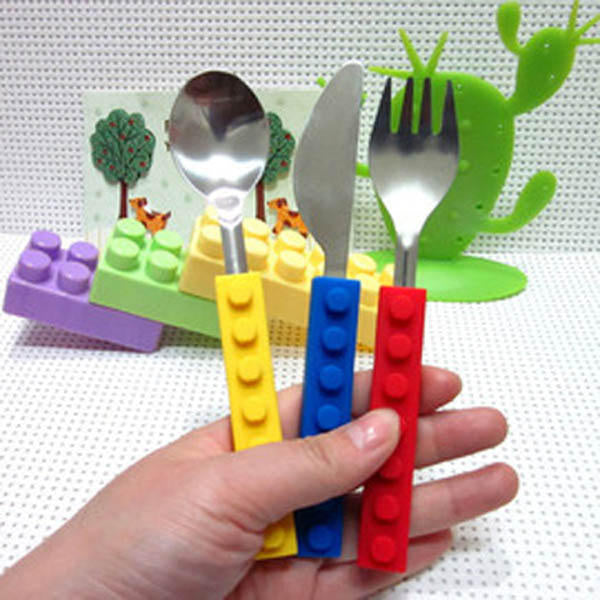 3PCS Creative Building Blocks Dinnerware Portable Block Fork Spoon Flatware Tableware Image 4