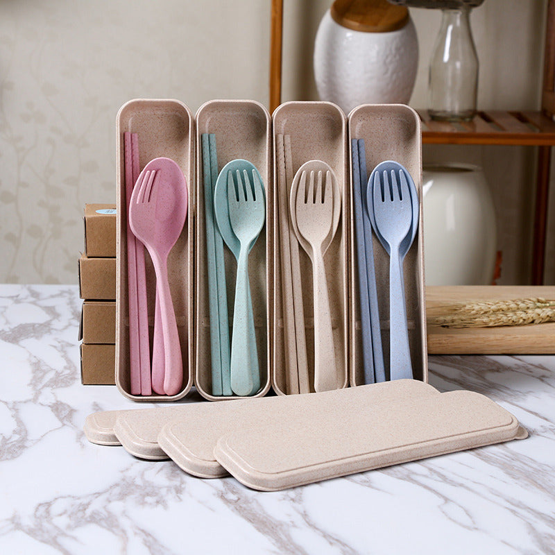 Eco-friendly Portable Chopstick Fork Spoon Three-piece Travel Picnic Wheat Straw Tableware Set with Carrying Box Image 2