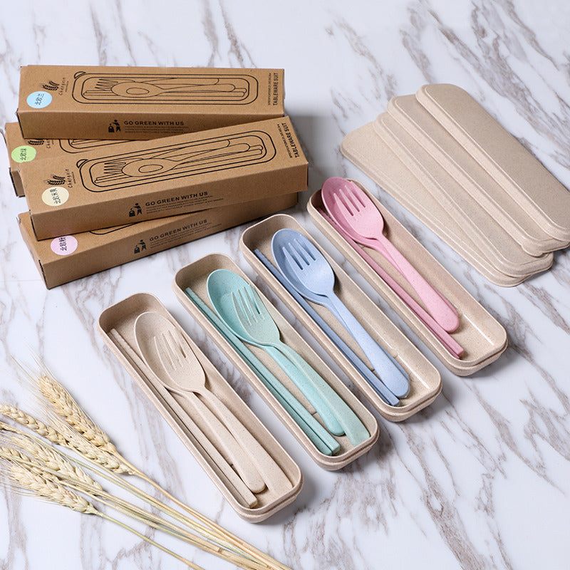 Eco-friendly Portable Chopstick Fork Spoon Three-piece Travel Picnic Wheat Straw Tableware Set with Carrying Box Image 3