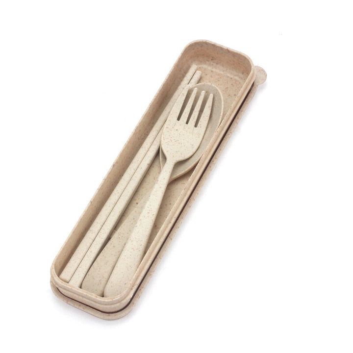 Eco-friendly Portable Chopstick Fork Spoon Three-piece Travel Picnic Wheat Straw Tableware Set with Carrying Box Image 6