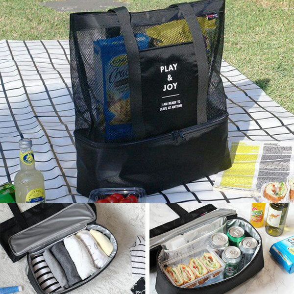 Handheld Lunch Bag Insulated Cooler Picnic Bag Mesh Beach Tote Bag Food Drink Storage Image 4