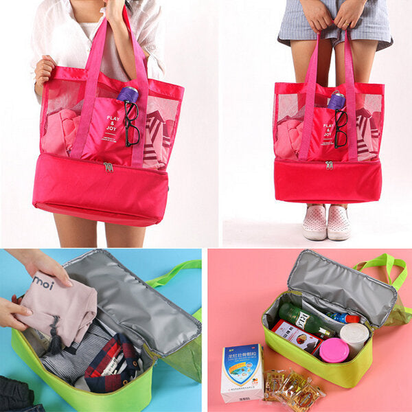 Handheld Lunch Bag Insulated Cooler Picnic Bag Mesh Beach Tote Bag Food Drink Storage Image 6
