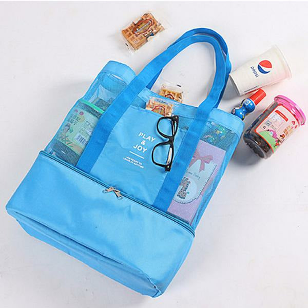 Handheld Lunch Bag Insulated Cooler Picnic Bag Mesh Beach Tote Bag Food Drink Storage Image 8