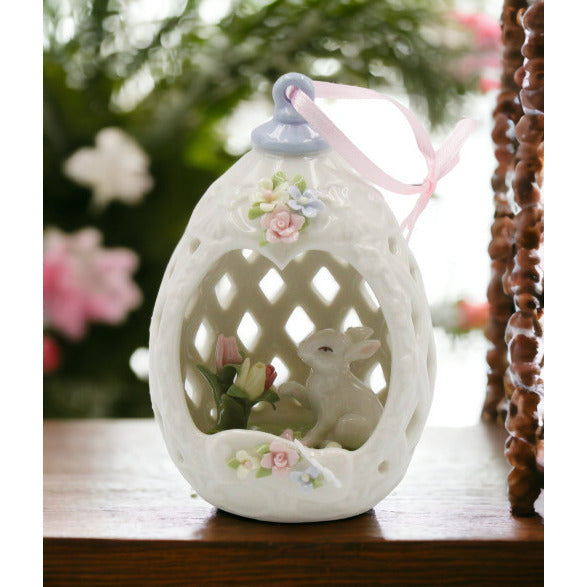 Ceramic Easter Bunny Rabbit with Tulip Flowers In Carved Egg OrnamentKitchen DcorSpring DcorEaster Dcor Image 1