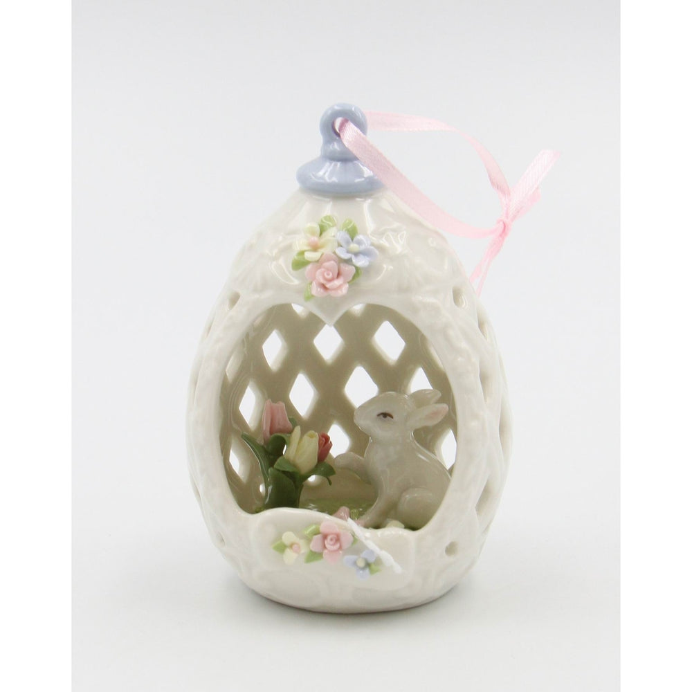 Ceramic Easter Bunny Rabbit with Tulip Flowers In Carved Egg OrnamentKitchen DcorSpring DcorEaster Dcor Image 2