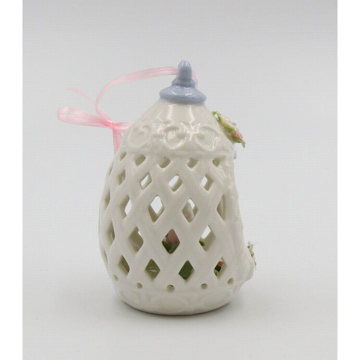 Ceramic Easter Bunny Rabbit with Tulip Flowers In Carved Egg OrnamentKitchen DcorSpring DcorEaster Dcor Image 3