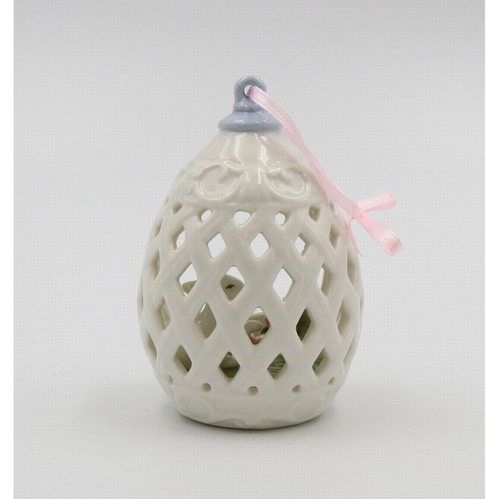 Ceramic Easter Bunny Rabbit with Tulip Flowers In Carved Egg OrnamentKitchen DcorSpring DcorEaster Dcor Image 4