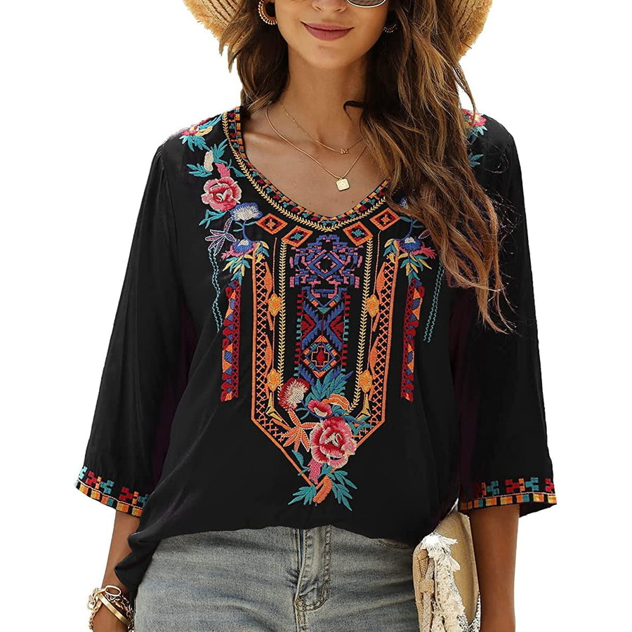 Womens Summer Boho Embroidery Mexican Bohemian Tops V Neck 3/4 Sleeve Causal Loose Shirt Blouse Tunic Image 1