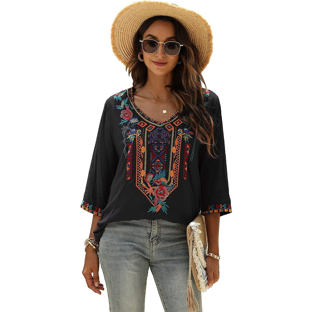 Womens Summer Boho Embroidery Mexican Bohemian Tops V Neck 3/4 Sleeve Causal Loose Shirt Blouse Tunic Image 2