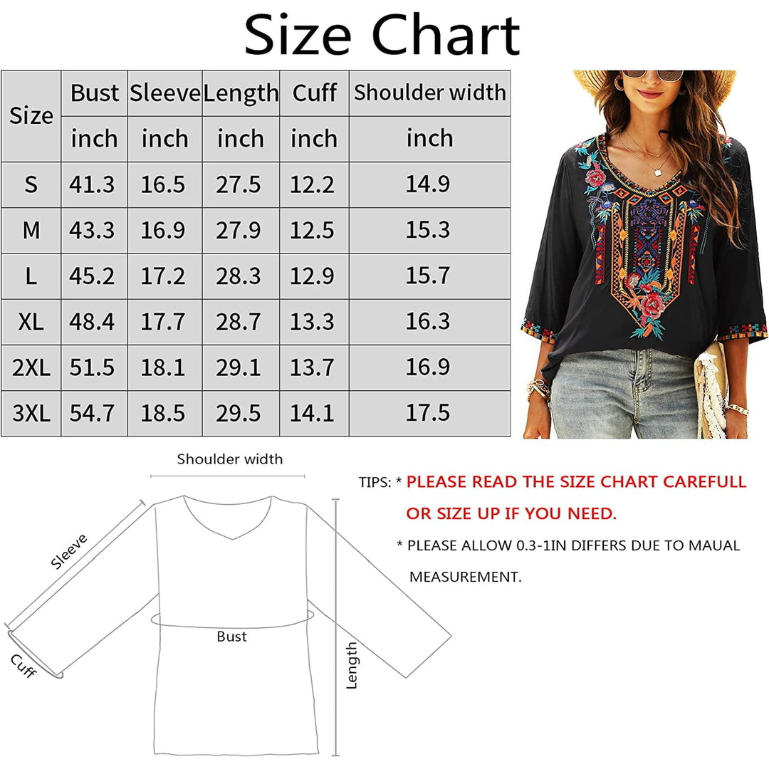Womens Summer Boho Embroidery Mexican Bohemian Tops V Neck 3/4 Sleeve Causal Loose Shirt Blouse Tunic Image 6