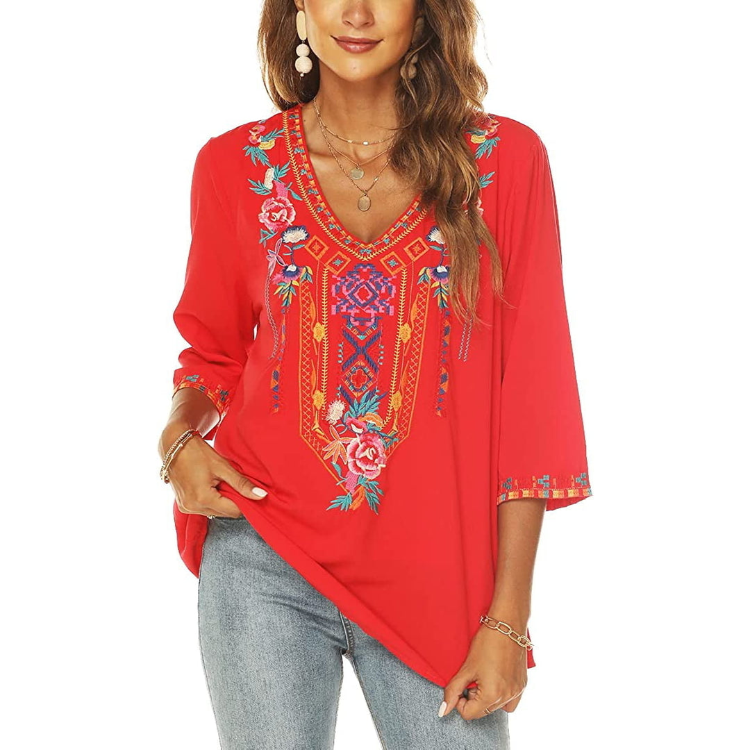 Womens Summer Boho Embroidery Mexican Bohemian Tops V Neck 3/4 Sleeve Causal Loose Shirt Blouse Tunic Image 8