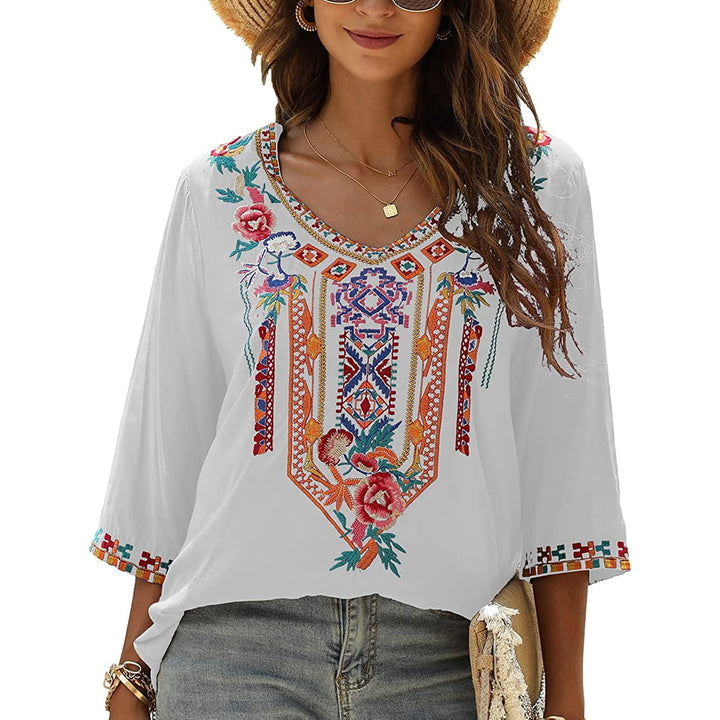 Womens Summer Boho Embroidery Mexican Bohemian Tops V Neck 3/4 Sleeve Causal Loose Shirt Blouse Tunic Image 9