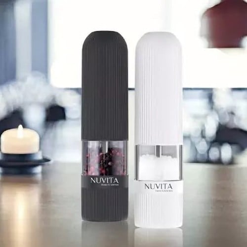 Nuvita 2 Pack Black and White Electric Salt and Pepper Grinder Soft Feel Image 1