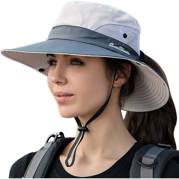 Womens Summer Sun Hat Beach Hats Wide Brim Outdoor UV Protection Hat Foldable Ponytail Bucket Cap Image 1