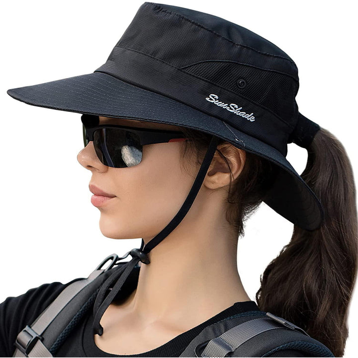 Womens Summer Sun Hat Beach Hats Wide Brim Outdoor UV Protection Hat Foldable Ponytail Bucket Cap Image 3