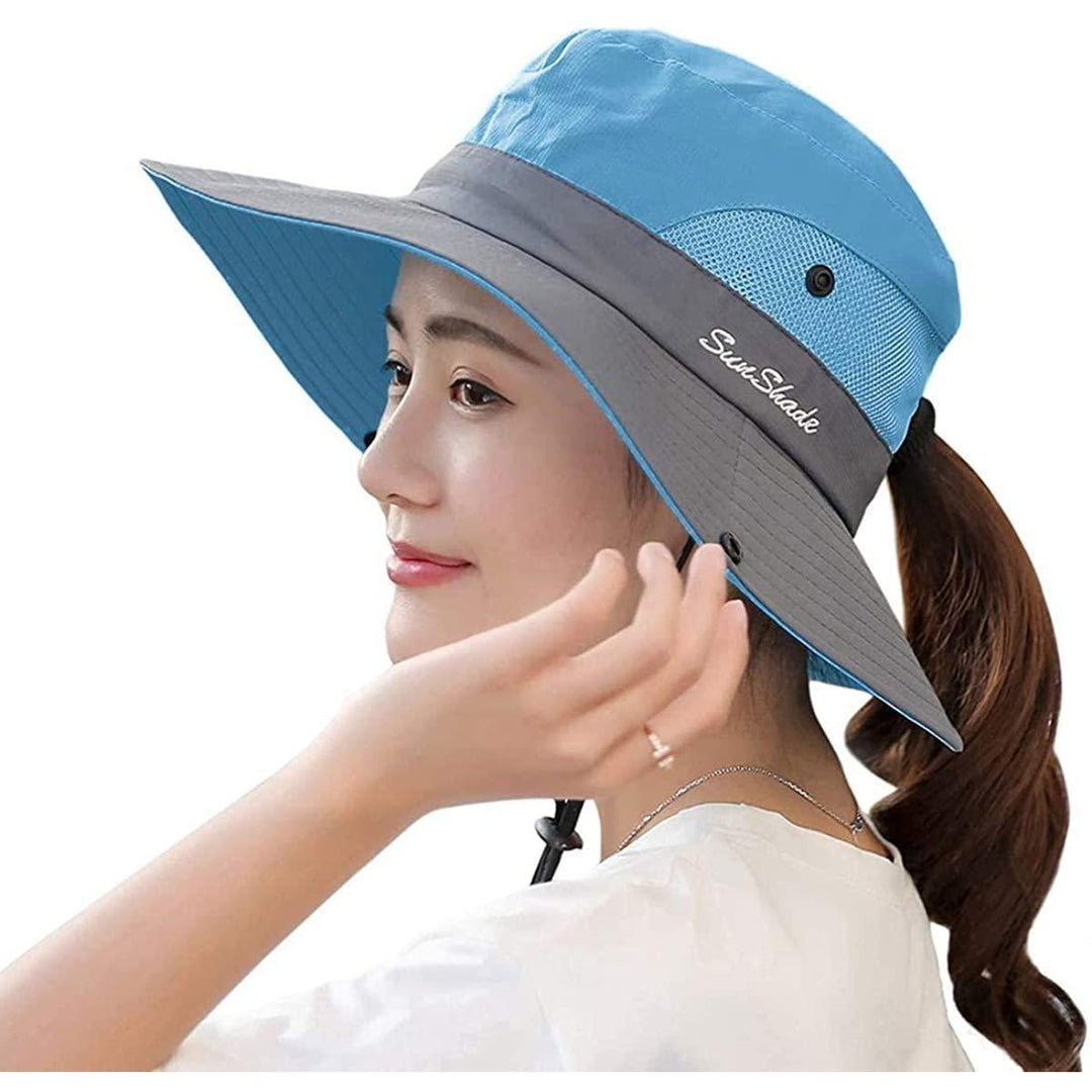 Womens Summer Sun Hat Beach Hats Wide Brim Outdoor UV Protection Hat Foldable Ponytail Bucket Cap Image 4