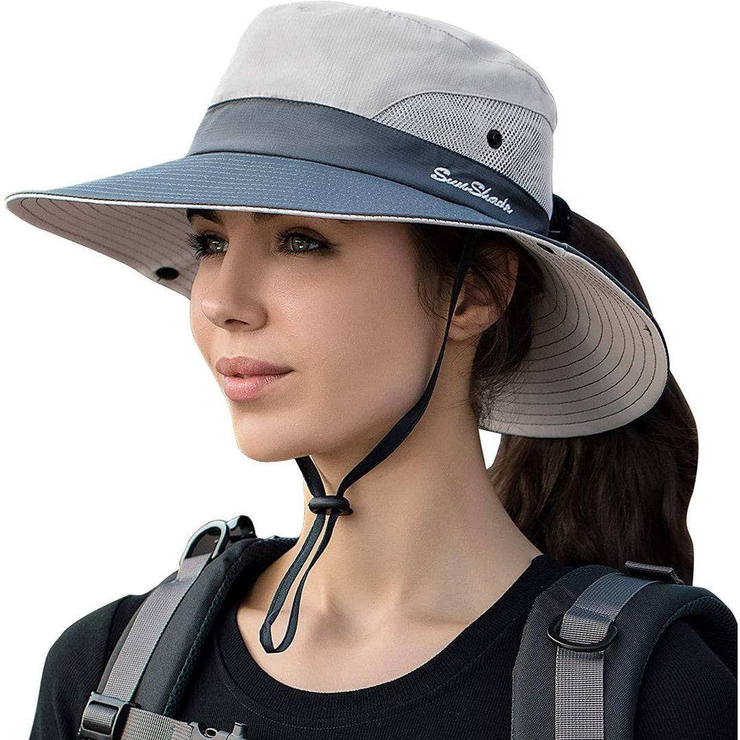 Womens Summer Sun Hat Beach Hats Wide Brim Outdoor UV Protection Hat Foldable Ponytail Bucket Cap Image 6