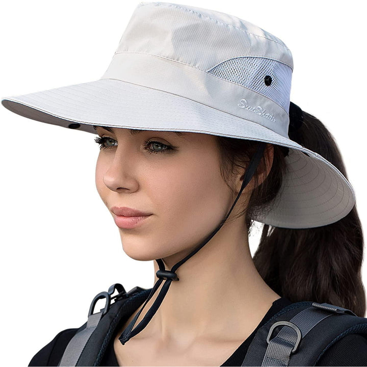 Womens Summer Sun Hat Beach Hats Wide Brim Outdoor UV Protection Hat Foldable Ponytail Bucket Cap Image 8