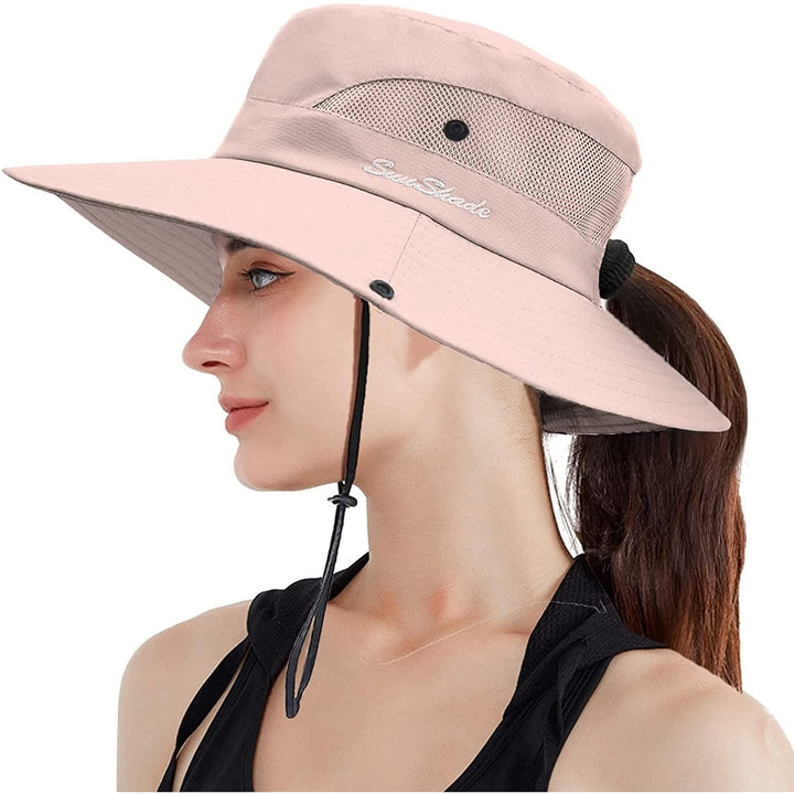 Womens Summer Sun Hat Beach Hats Wide Brim Outdoor UV Protection Hat Foldable Ponytail Bucket Cap Image 10
