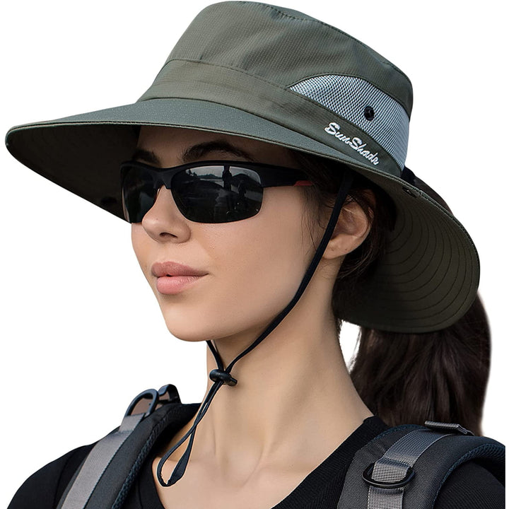 Womens Summer Sun Hat Beach Hats Wide Brim Outdoor UV Protection Hat Foldable Ponytail Bucket Cap Image 11