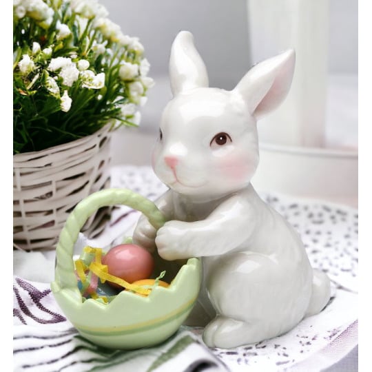 Ceramic Bunny Rabbit With Easter Egg Basket FigurineHome DcorKitchen DcorSpring DcorEaster Dcor Image 1
