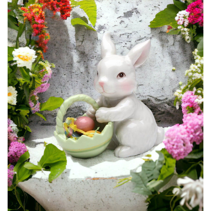 Ceramic Bunny Rabbit With Easter Egg Basket FigurineHome DcorKitchen DcorSpring DcorEaster Dcor Image 2