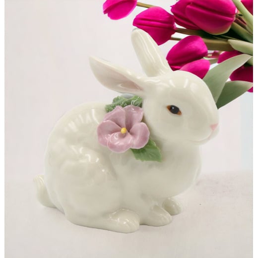 Ceramic Bunny Rabbit with Pink Pansy Flower FigurineHome DcorKitchen DcorSpring DcorEaster Dcor Image 1