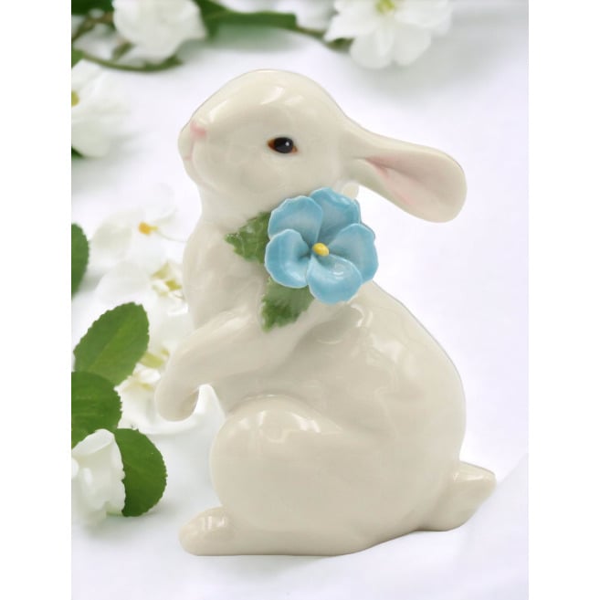 Ceramic White Rabbit with Blue Pansy Flower FigurineHome DcorKitchen DcorSpring DcorEaster Dcor Image 1