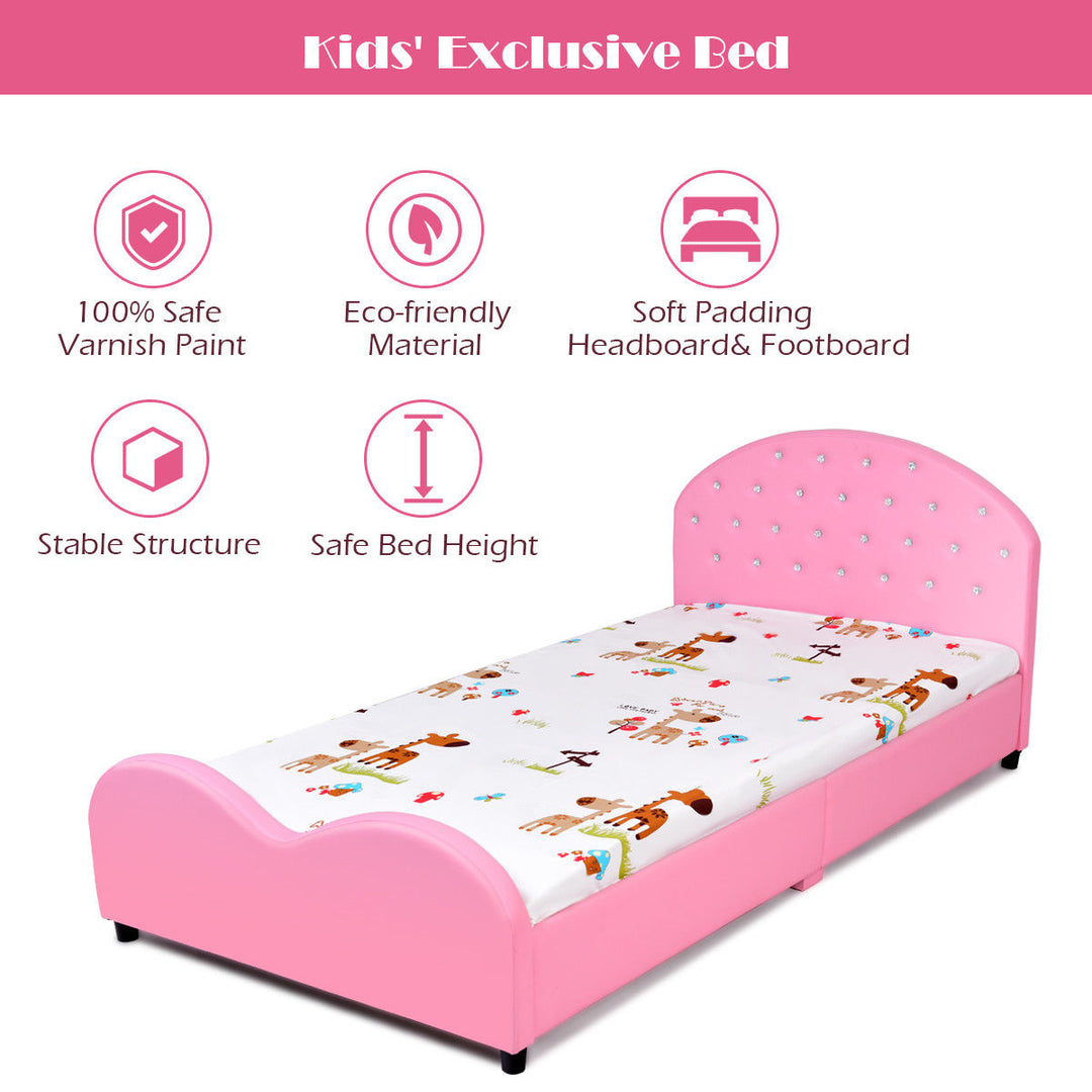 Kids Children PU Upholstered Platform Wooden Princess Bed Bedroom Furniture Pink Image 3