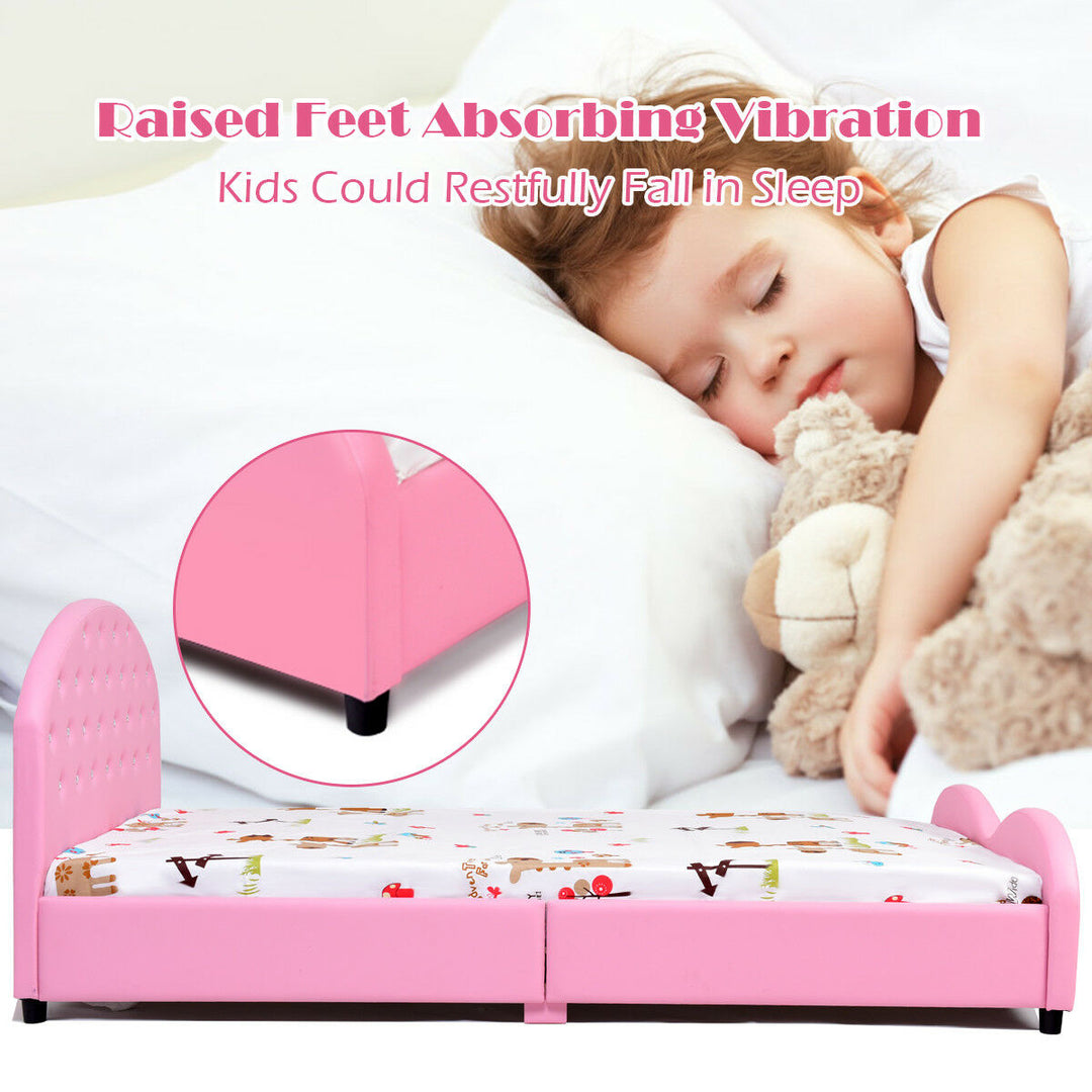 Kids Children PU Upholstered Platform Wooden Princess Bed Bedroom Furniture Pink Image 4