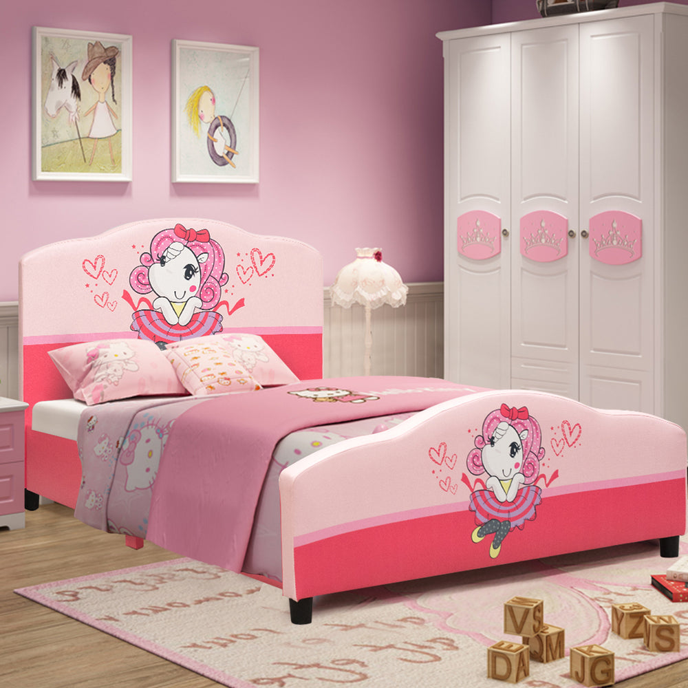Kids Children Upholstered Platform Toddler Bed Bedroom Furniture Girl Pattern Image 2