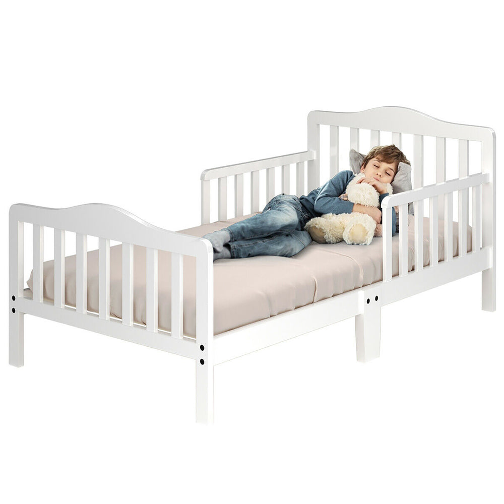 Kids Toddler Wood Bed Bedroom Furniture w/ Guardrails Black/Brown/Grey/White Image 2