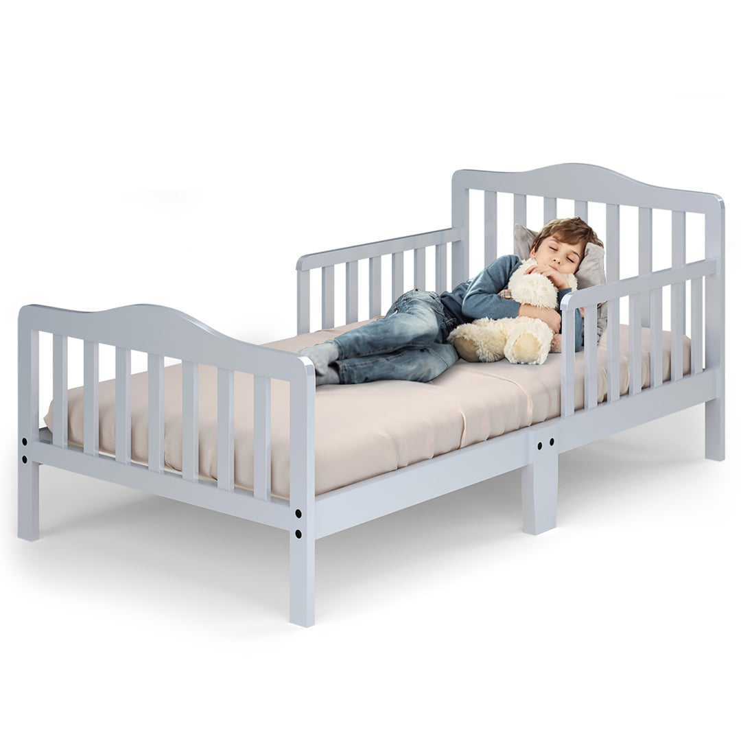 Kids Toddler Wood Bed Bedroom Furniture w/ Guardrails Black/Brown/Grey/White Image 4